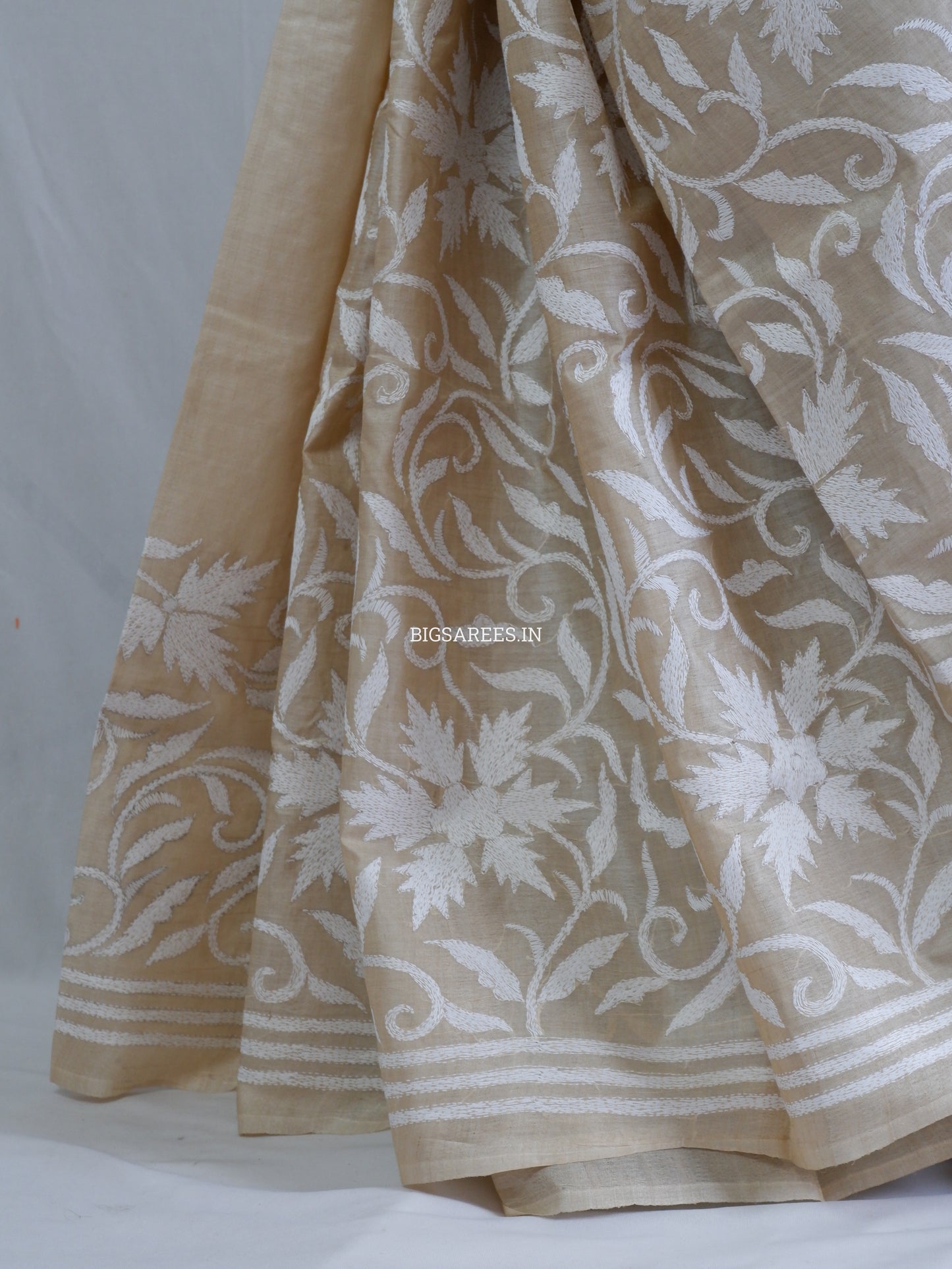 Kantha Stitch Hand Embroidered Saree | Pure Tussar Silk | Silk Mark Certified | Beige