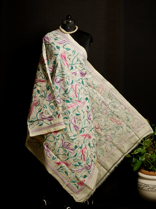Kantha Hand-Embroidered Dupatta | Semi Tussar Silk | Full Work | Off-White