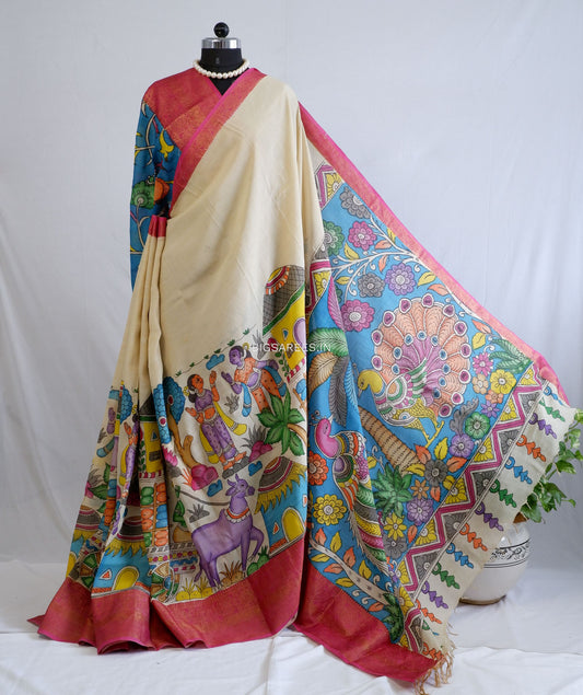 Hand-Painted Kalamkari Saree | Bangalore Silk | Off- White