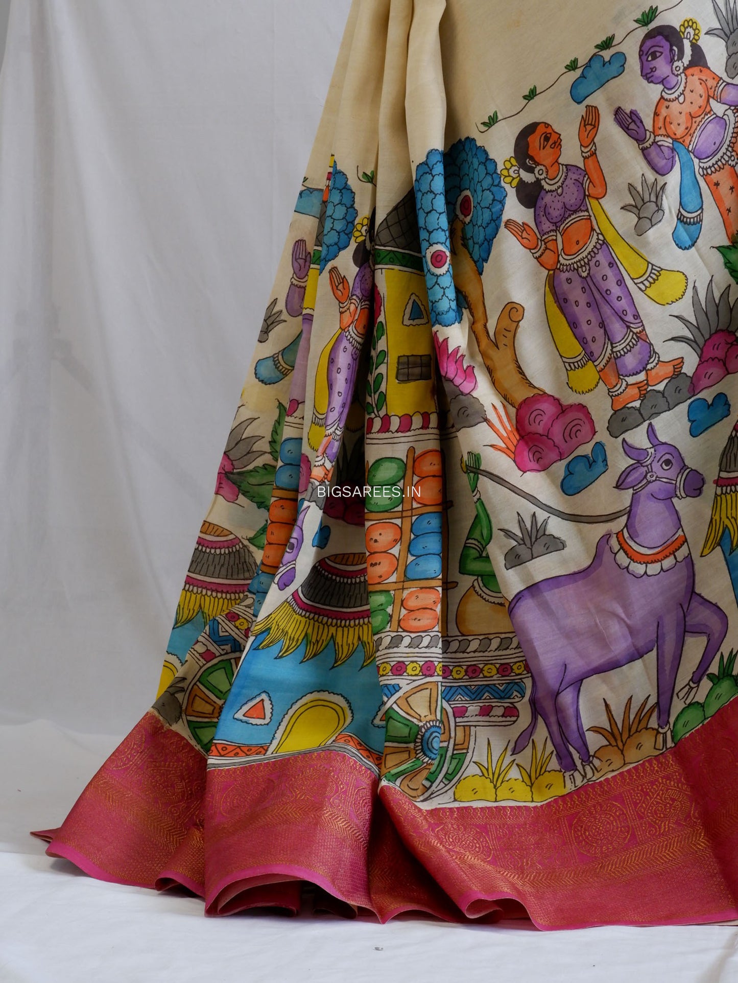 Hand-Painted Kalamkari Saree | Bangalore Silk | Off- White