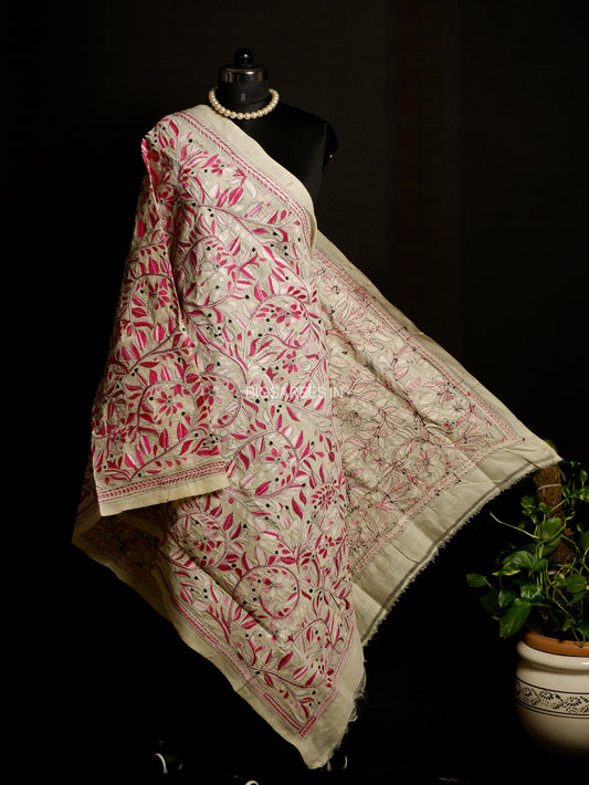 Kantha Hand-Embroidered Dupatta | Semi Tussar Silk | Full Work | Off-White