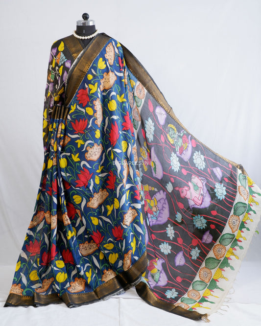 Hand-Painted Kalamkari Saree | Bangalore Silk | Black / Blue