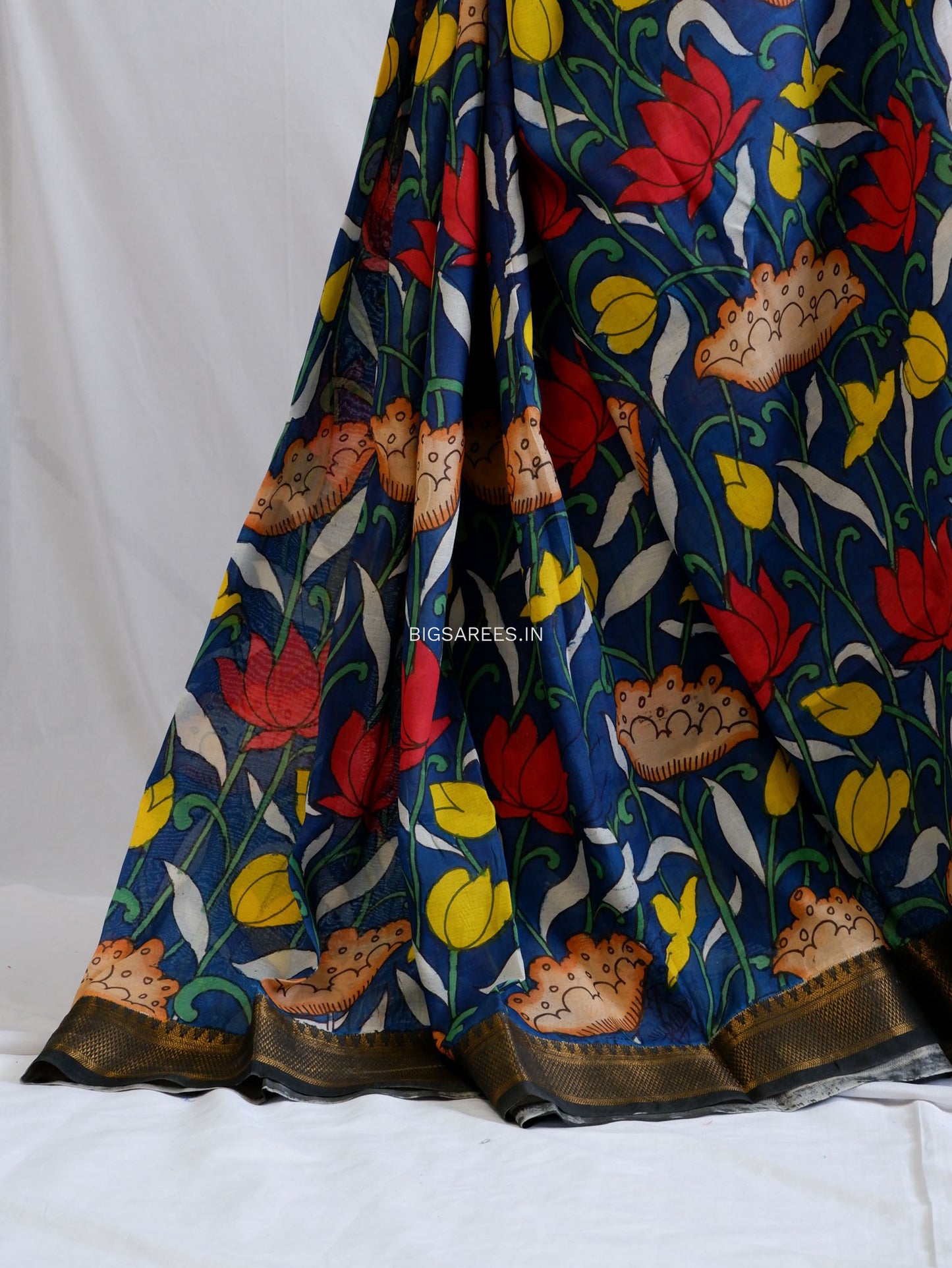 Hand-Painted Kalamkari Saree | Bangalore Silk | Black / Blue