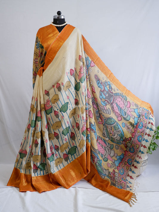 Hand-Painted Kalamkari Saree | Bangalore Silk | Dirty White