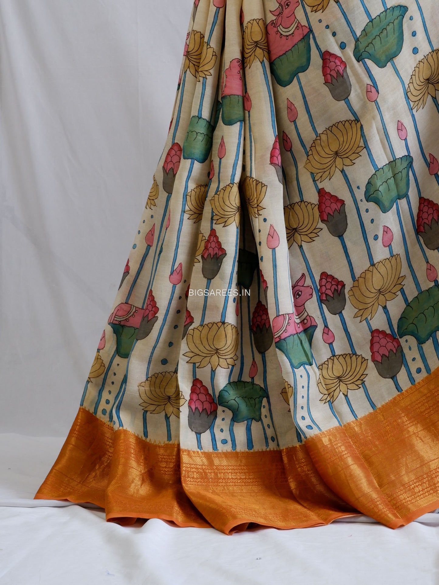 Hand-Painted Kalamkari Saree | Bangalore Silk | Dirty White