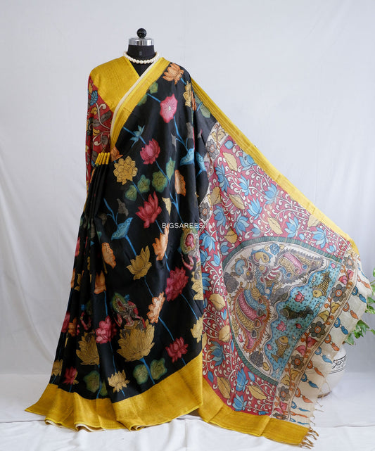 Hand-Painted Kalamkari Saree | Banglore Silk | Black