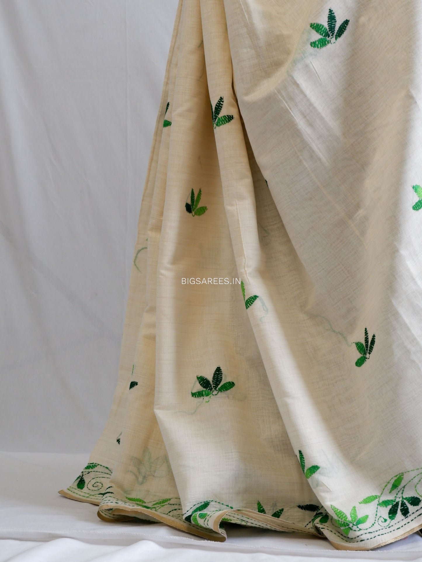 Kantha Stitch Semi Tussar with Blouse | Hand-Embroidered | White
