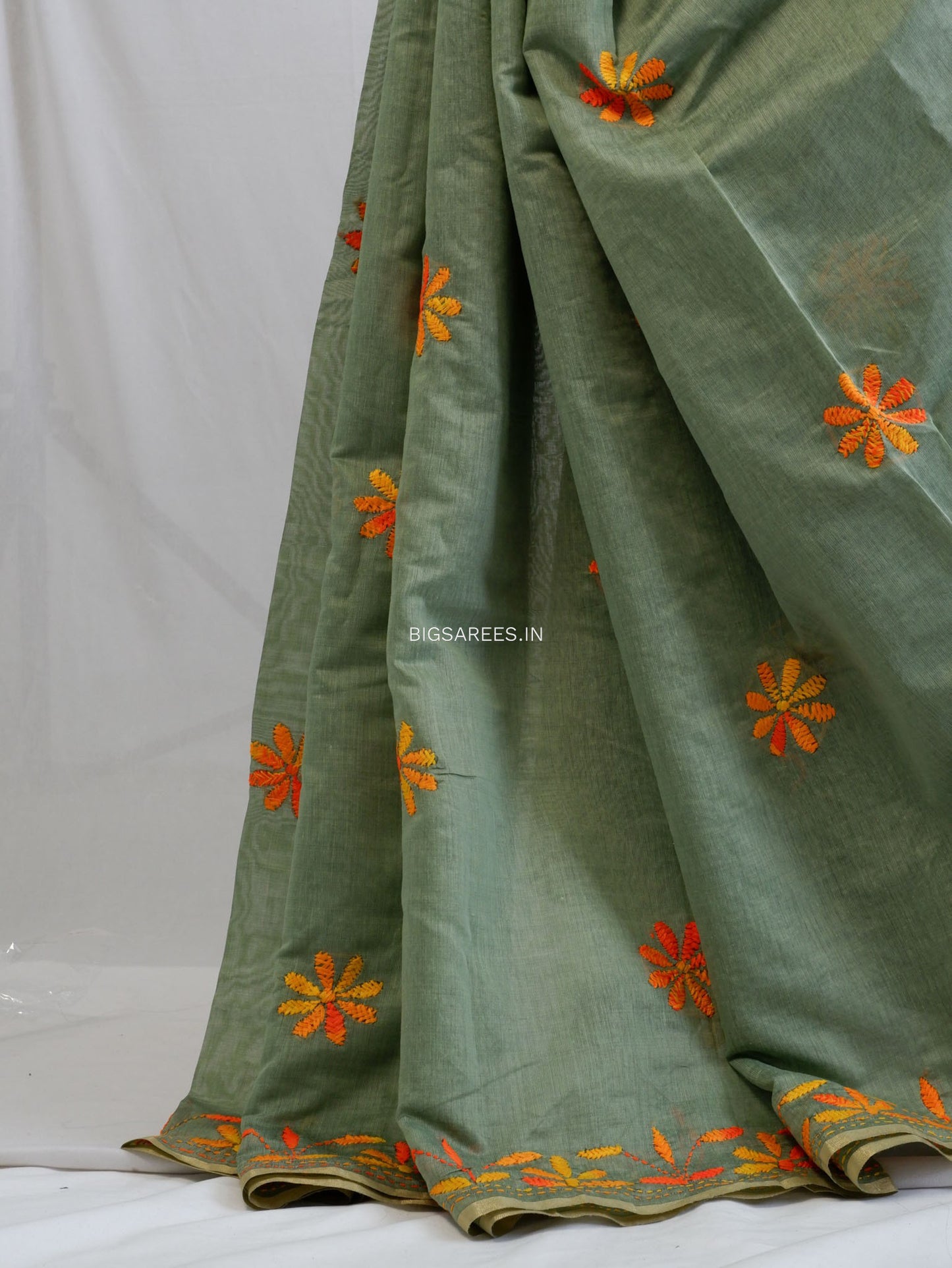Kantha Stitch Semi Tussar with Blouse | Hand-Embroidered | Sage Green