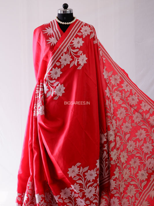 Kantha - Stitch Hand Embroidered Saree | Pure Bangalore Silk | Silk Mark Certified | Blood Red