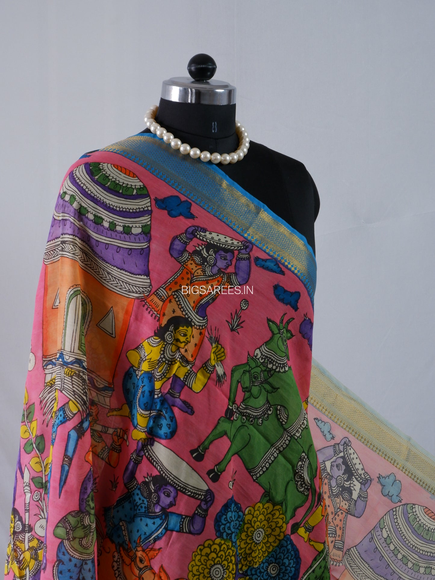 Pen Kalamkari Hand Painted Bangalore Silk Dupatta | Pink |