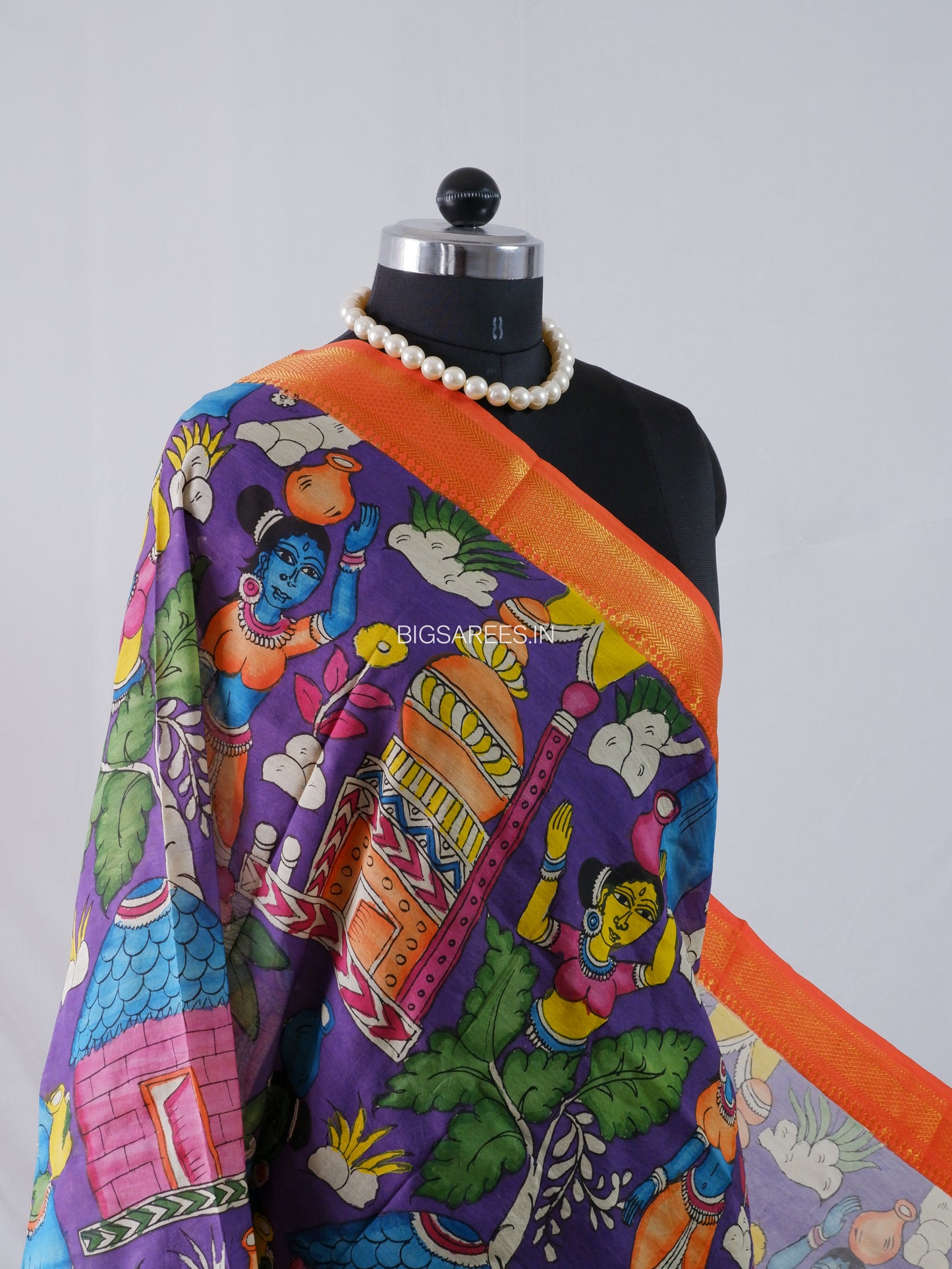 Pen Kalamkari Hand Painted Bangalore Silk Dupatta | Purple |