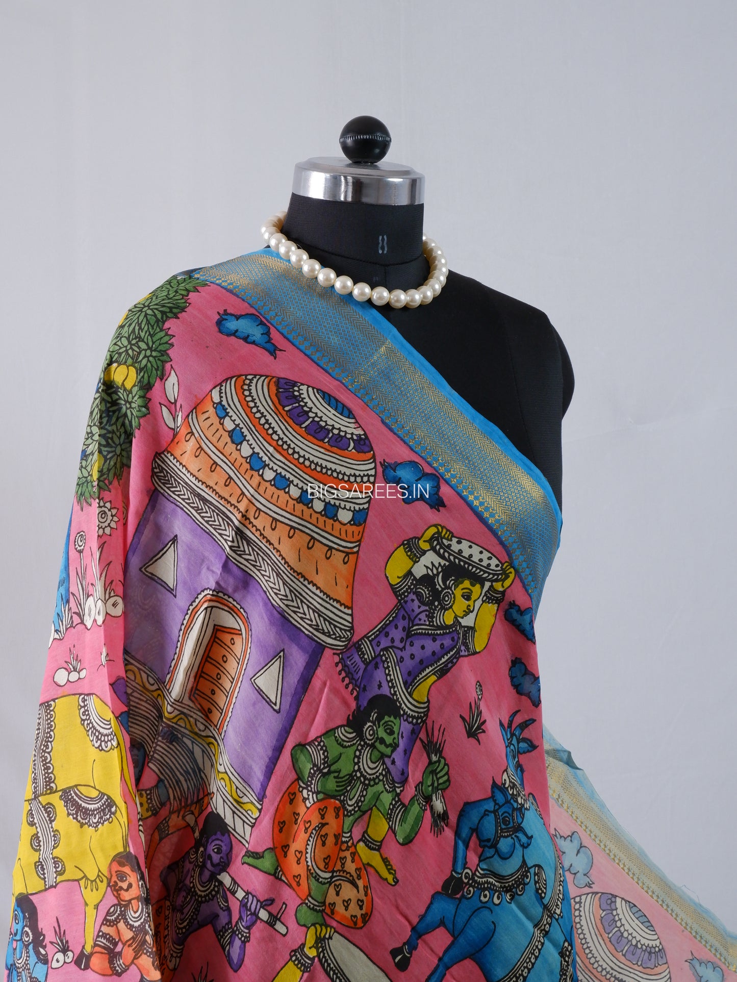 Pen Kalamkari Hand Painted Bangalore Silk Dupatta | Baby Pink |
