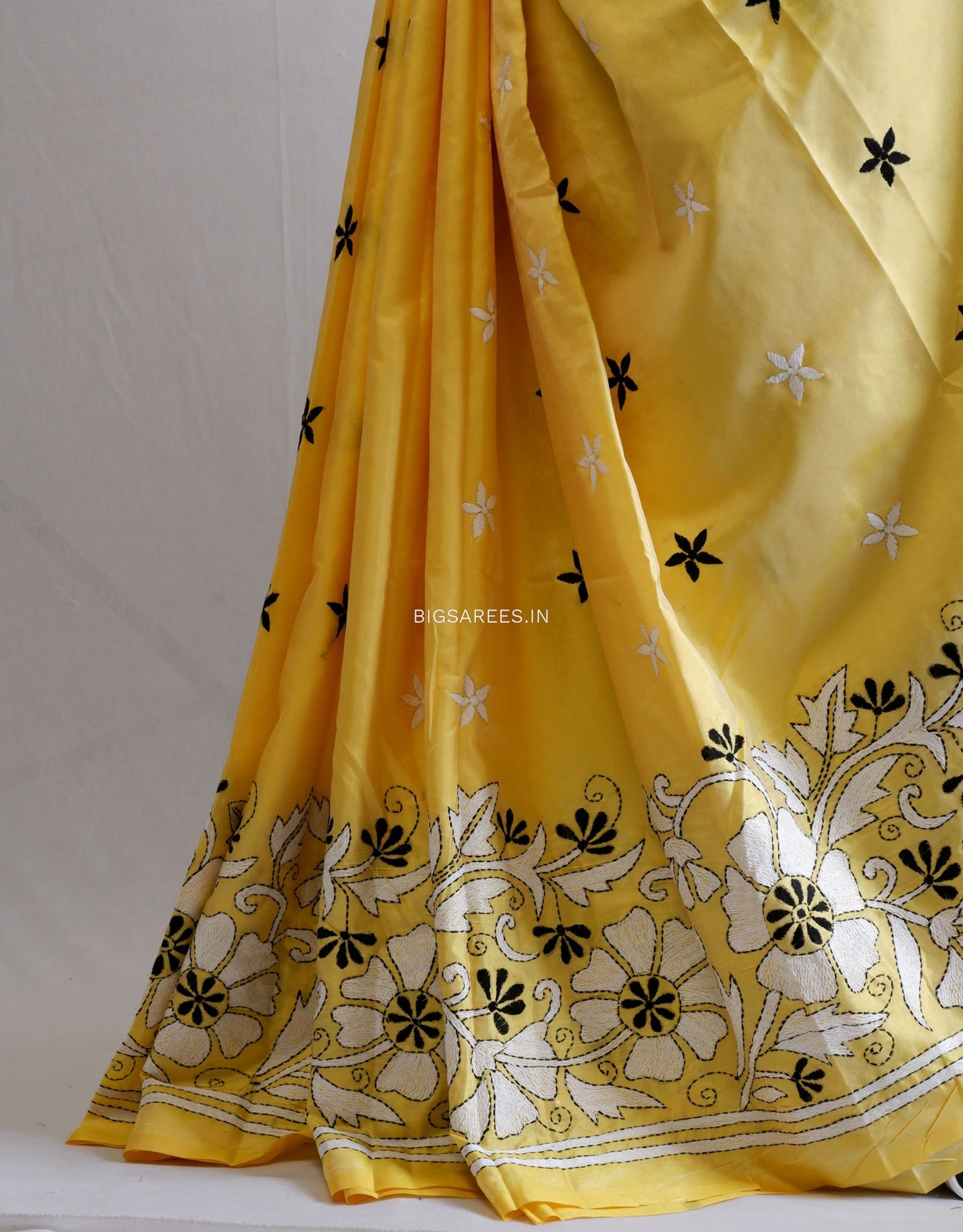 Kantha Stitch Hand Embroidered Saree | Blended Bangalore Silk / Art Silk | Yellow