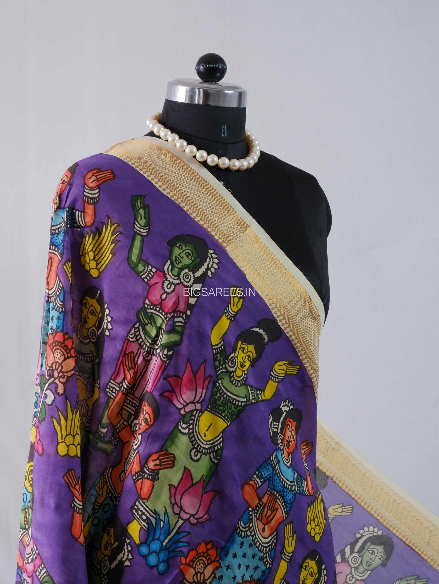 Pen Kalamkari Hand Painted Bangalore Silk Dupatta | Violet |