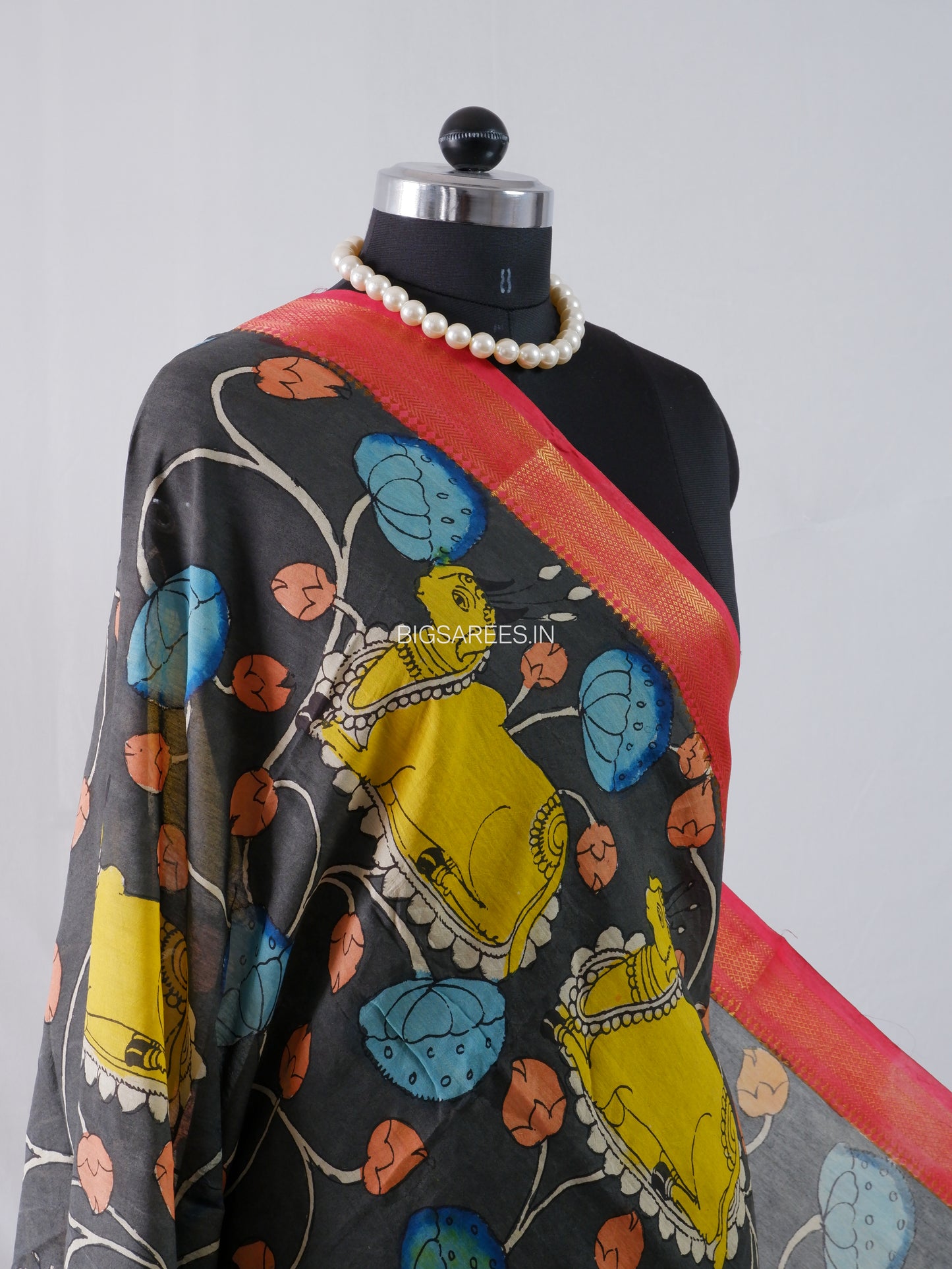 Pen Kalamkari Hand Painted Bangalore Silk Dupatta | Black |