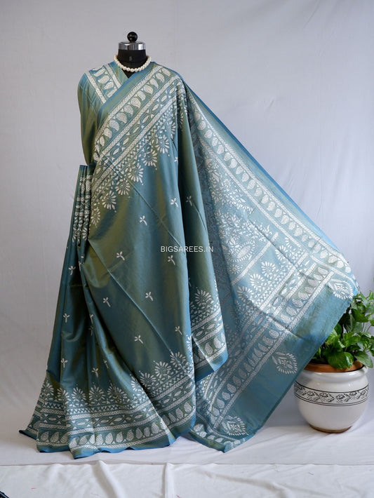 Kantha Stitch Hand Embroidered Saree | Blended Bangalore Silk / Art Silk | Blue (Dual Tone)