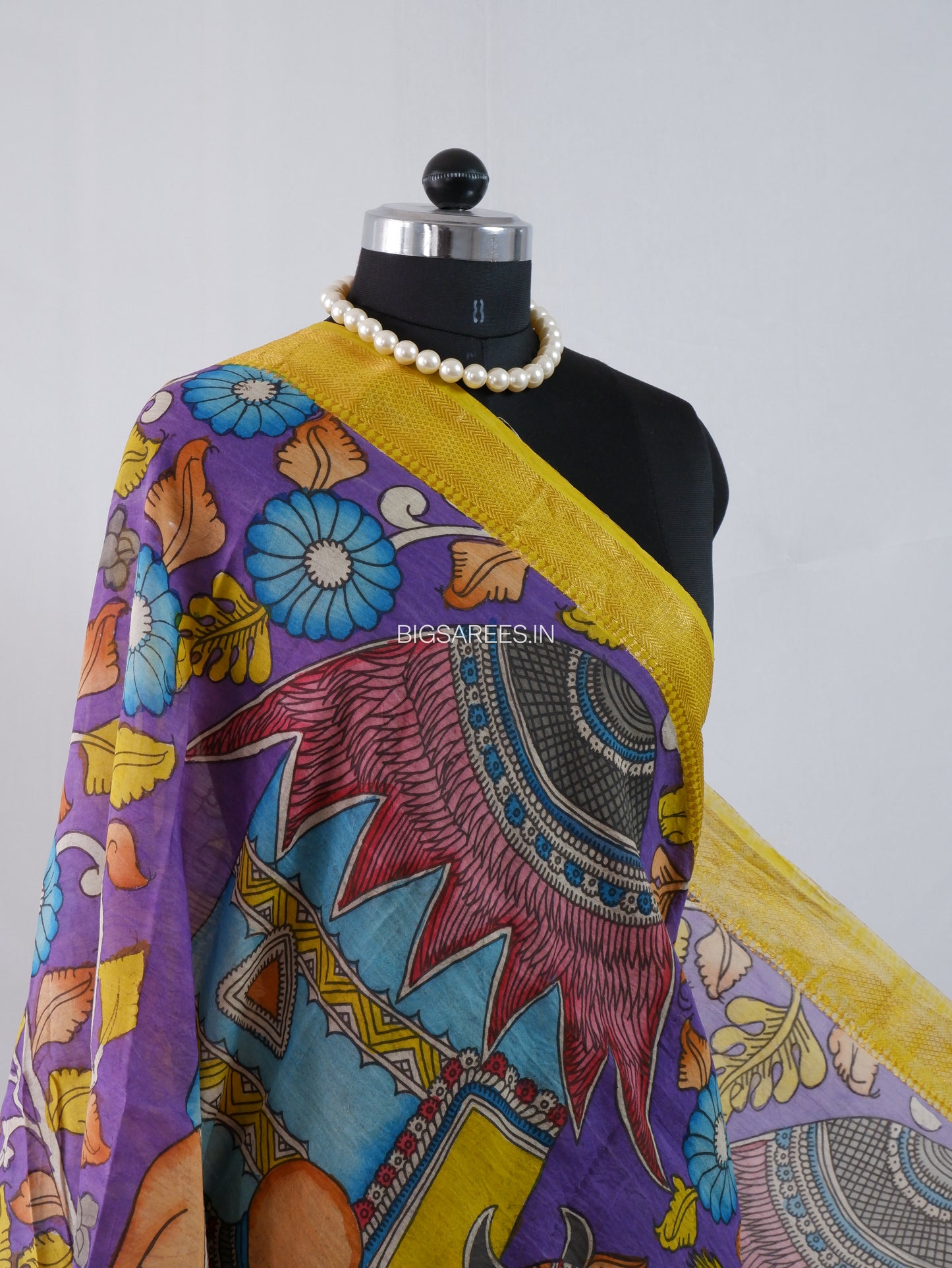 Pen Kalamkari Hand Painted Bangalore Silk Dupatta | Violet |