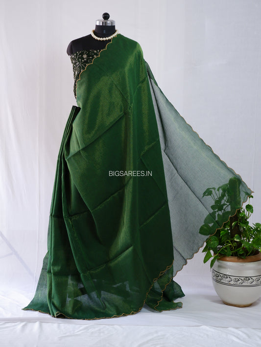 Mul Cotton Saree With Blouse | Gold Stripes | Forest Green