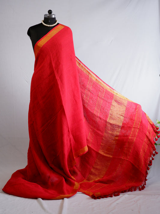 Pure Jayshree Linen Saree | Plain | Red