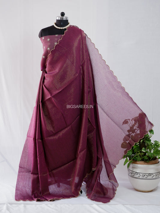 Mul Cotton Saree With Blouse | Gold Stripes | Wine