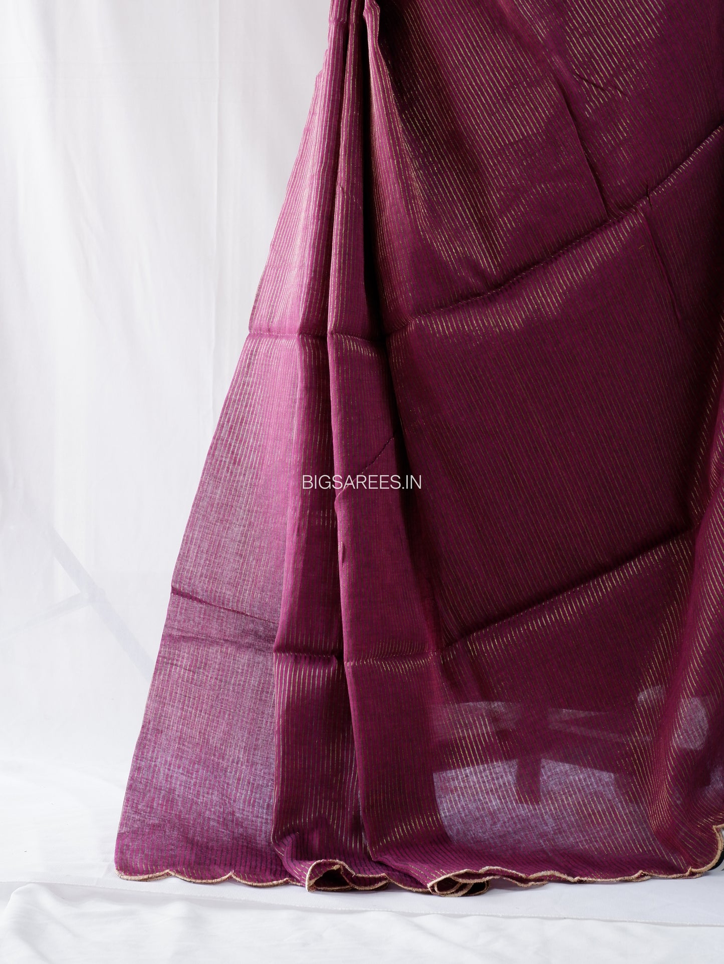 Mul Cotton Saree With Blouse | Gold Stripes | Wine