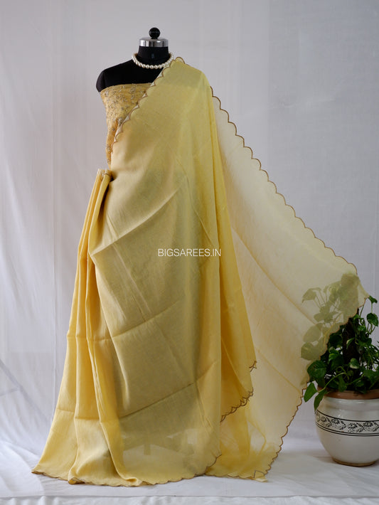 Mul Cotton Saree With Blouse | Gold Stripes | Yellow