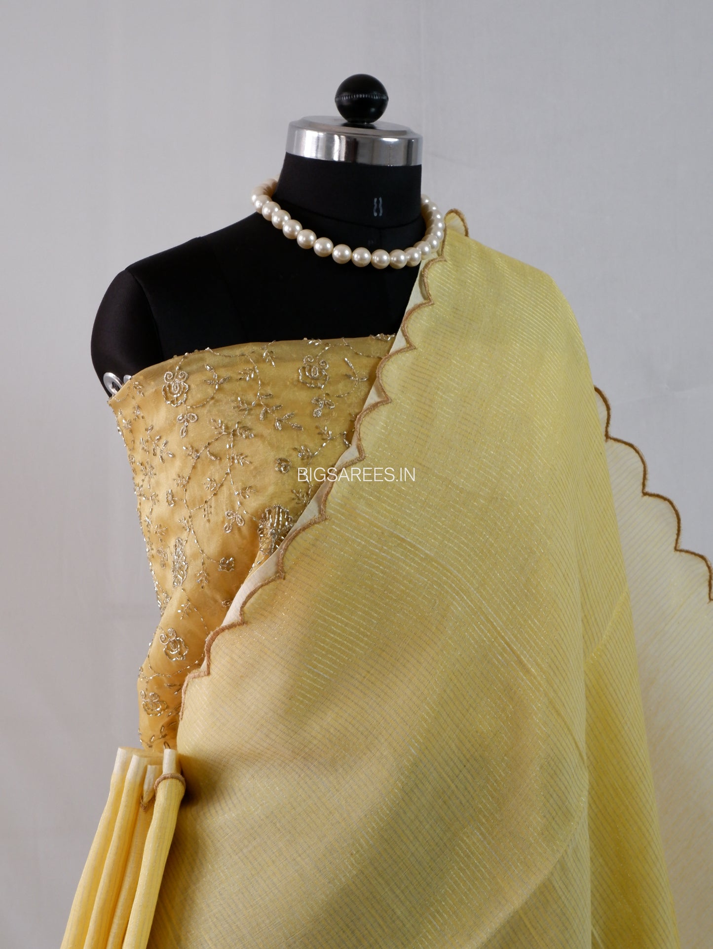 Mul Cotton Saree With Blouse | Gold Stripes | Yellow