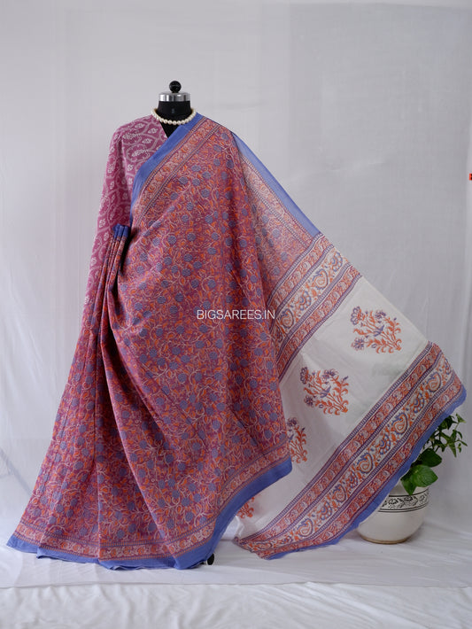 Hand Block Print Saree | Mal Mal Cotton | Rose Pink