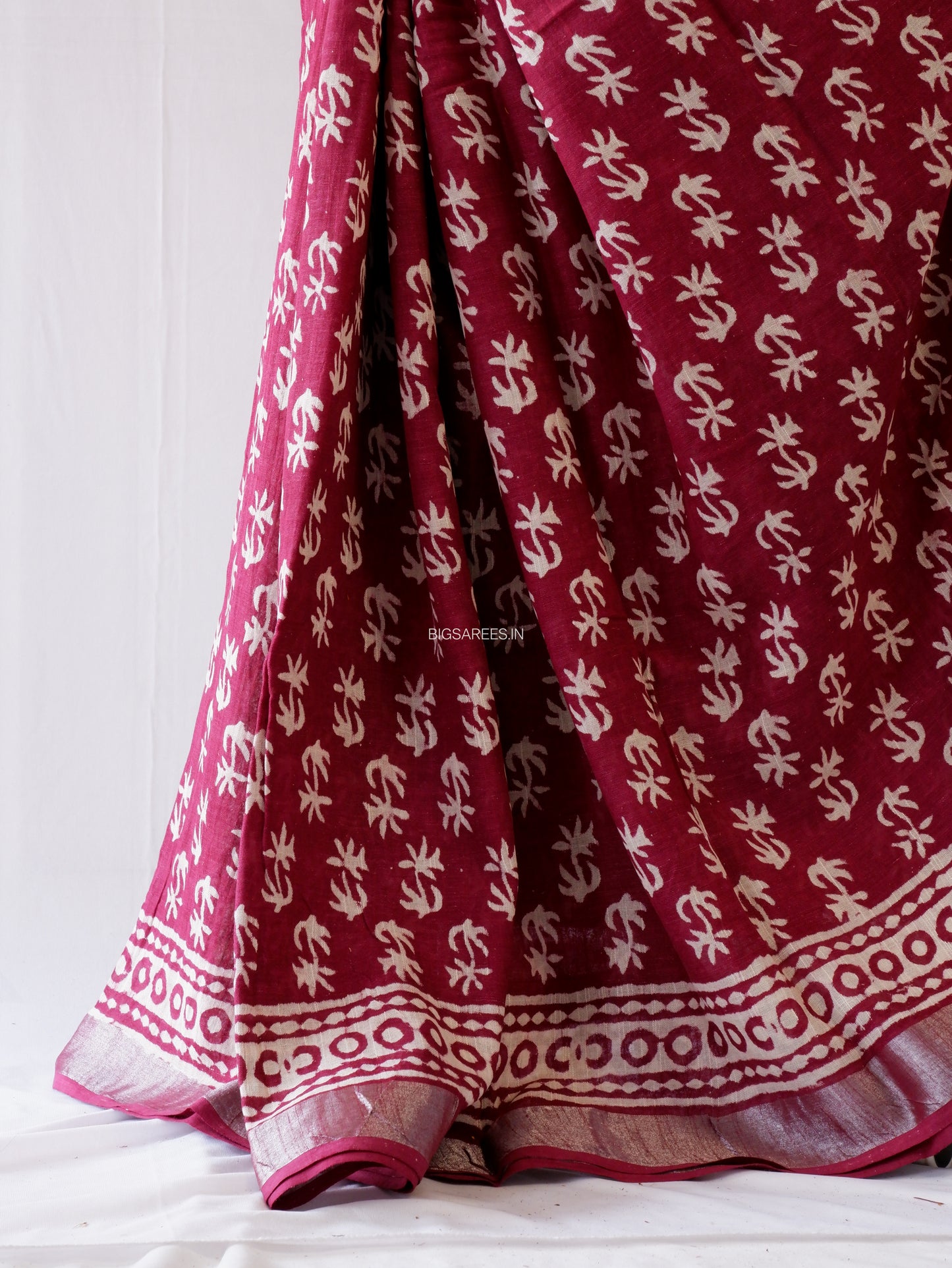 Hand Block Print Saree | Cotton Linen | Maroon