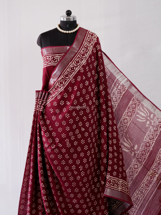 Hand Block Print Saree | Cotton Linen | Deep Maroon