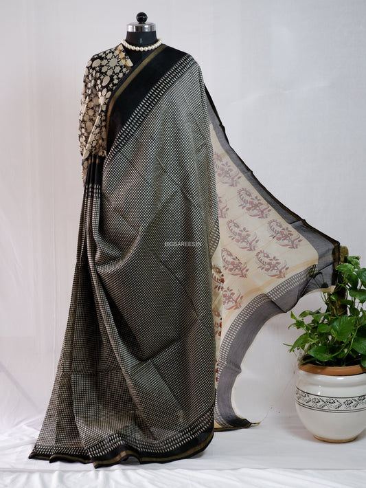 Hand Block Print Saree | Chanderi Silk | Black