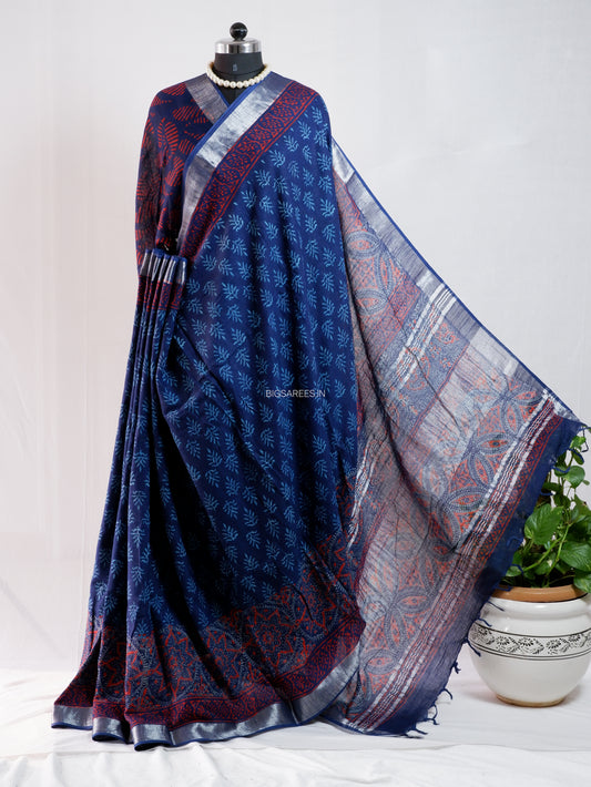 Hand Block Print Saree | Cotton Linen | Deep Indigo
