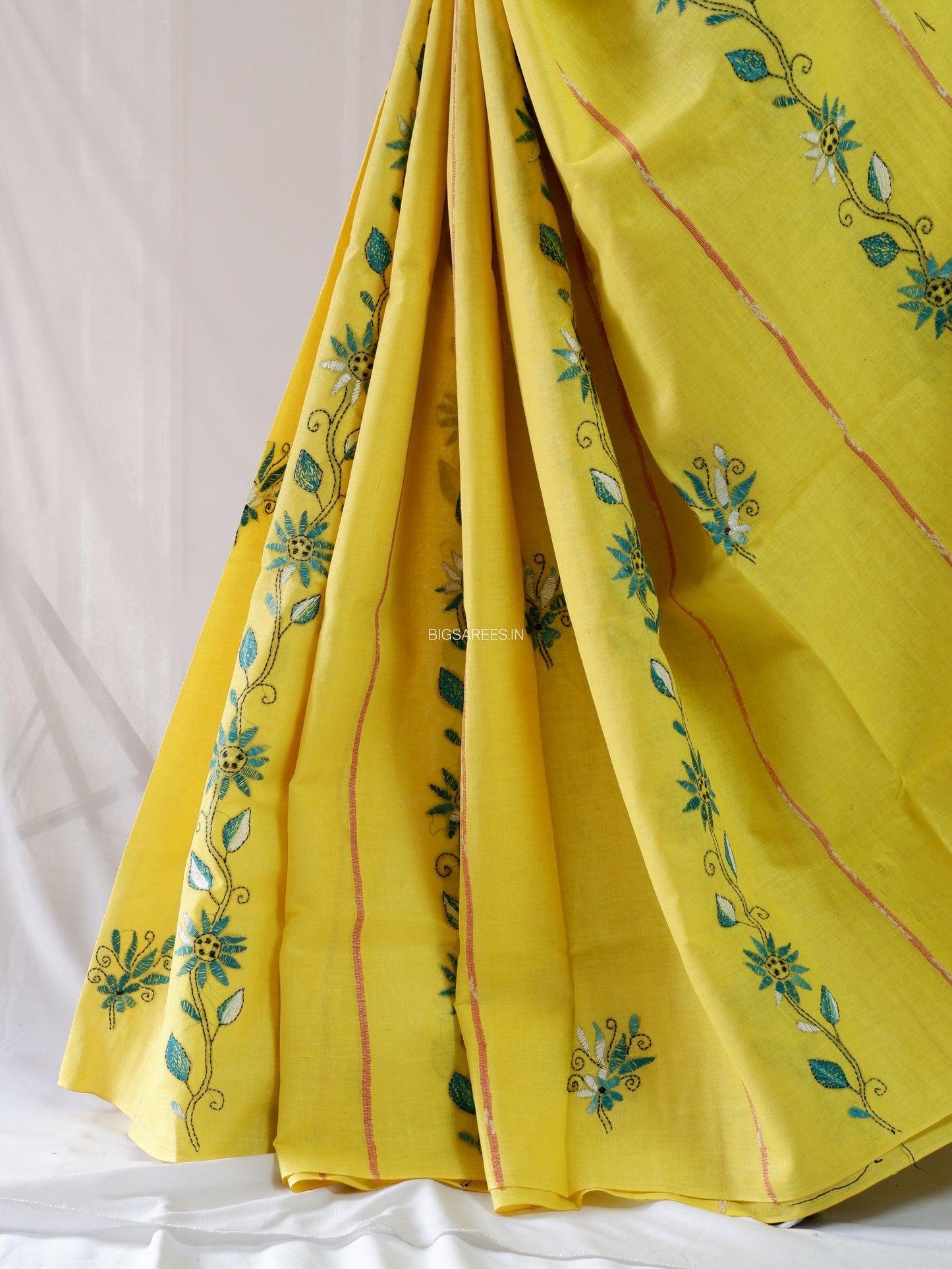 Kantha Stitch Hand-Embroidered Saree | Pure Khesh Cotton | Bright Yellow