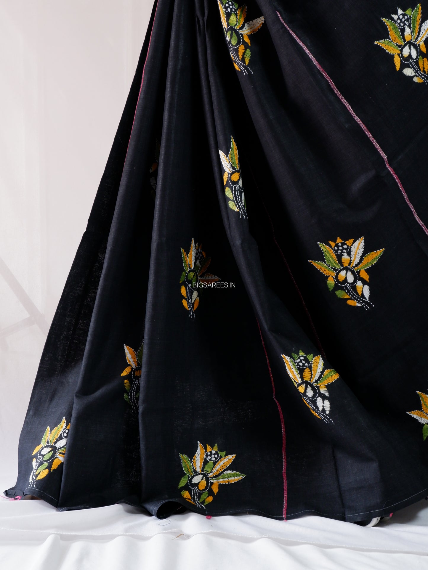Kantha Stitch Hand-Embroidered Saree | Pure Khesh Cotton | Black