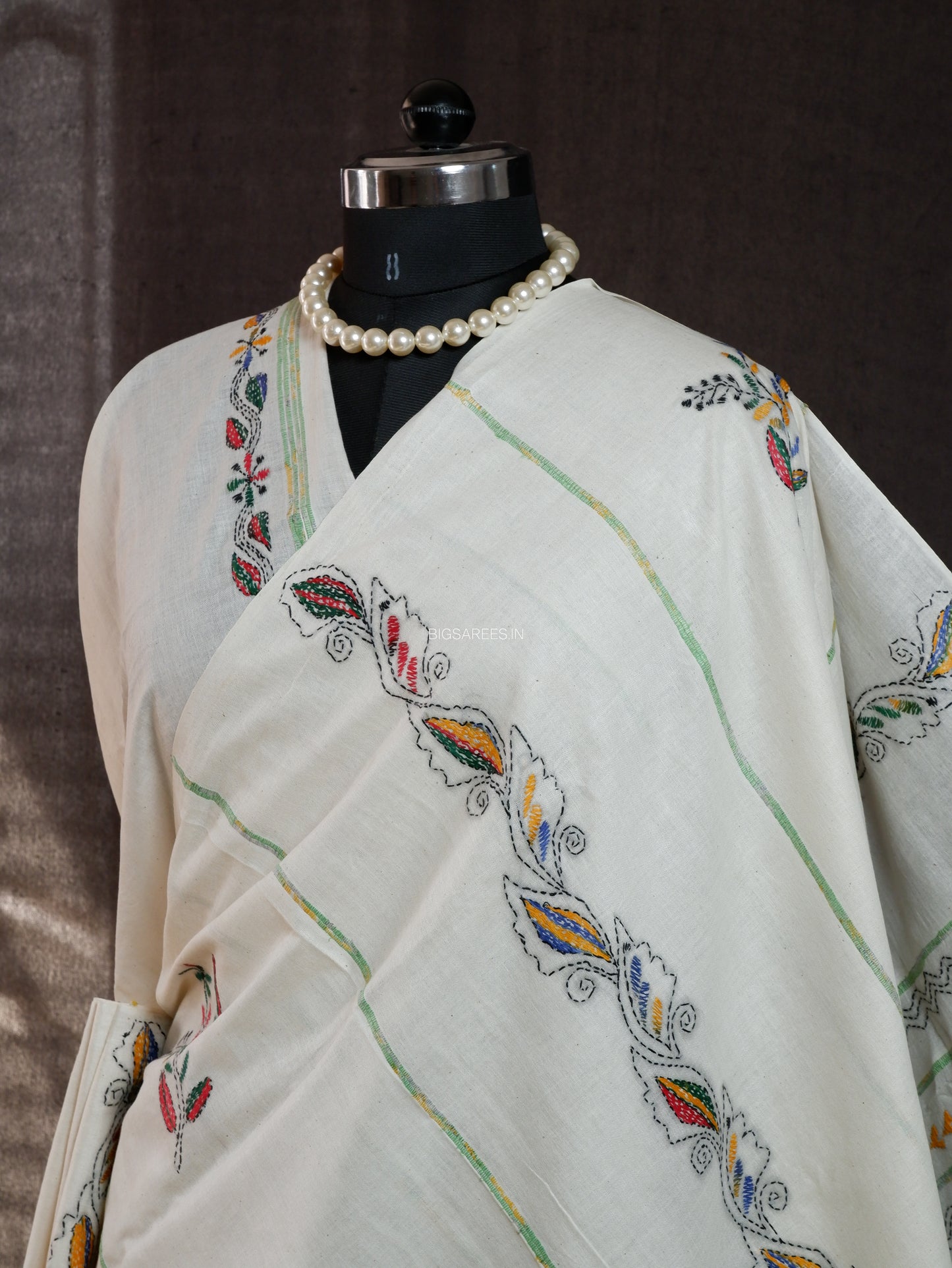 Kantha Stitch Hand-Embroidered Saree | Pure Khesh Cotton | White