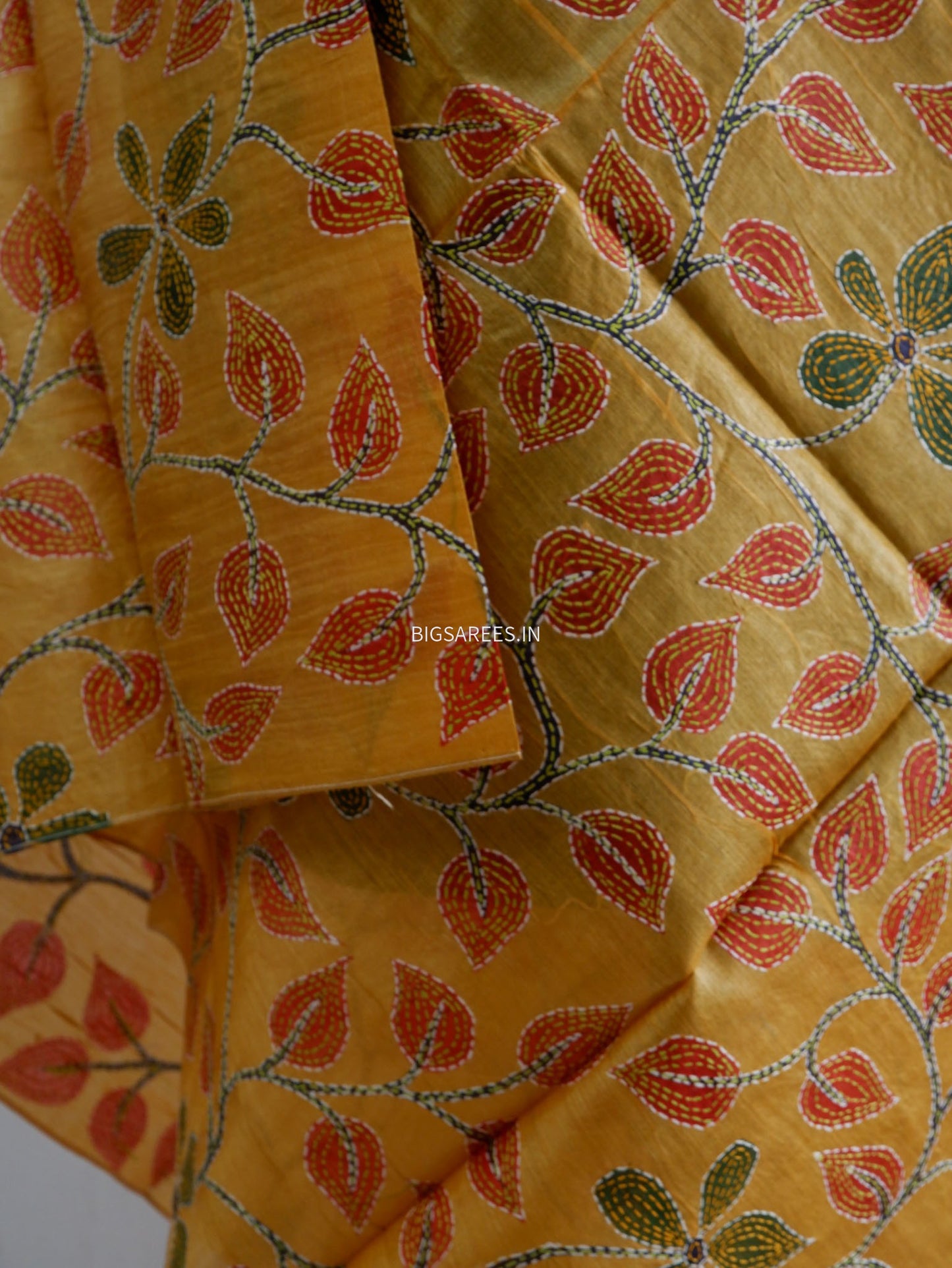 Kantha Hand-Embroidered Dupatta | Tussar Silk | Yellow