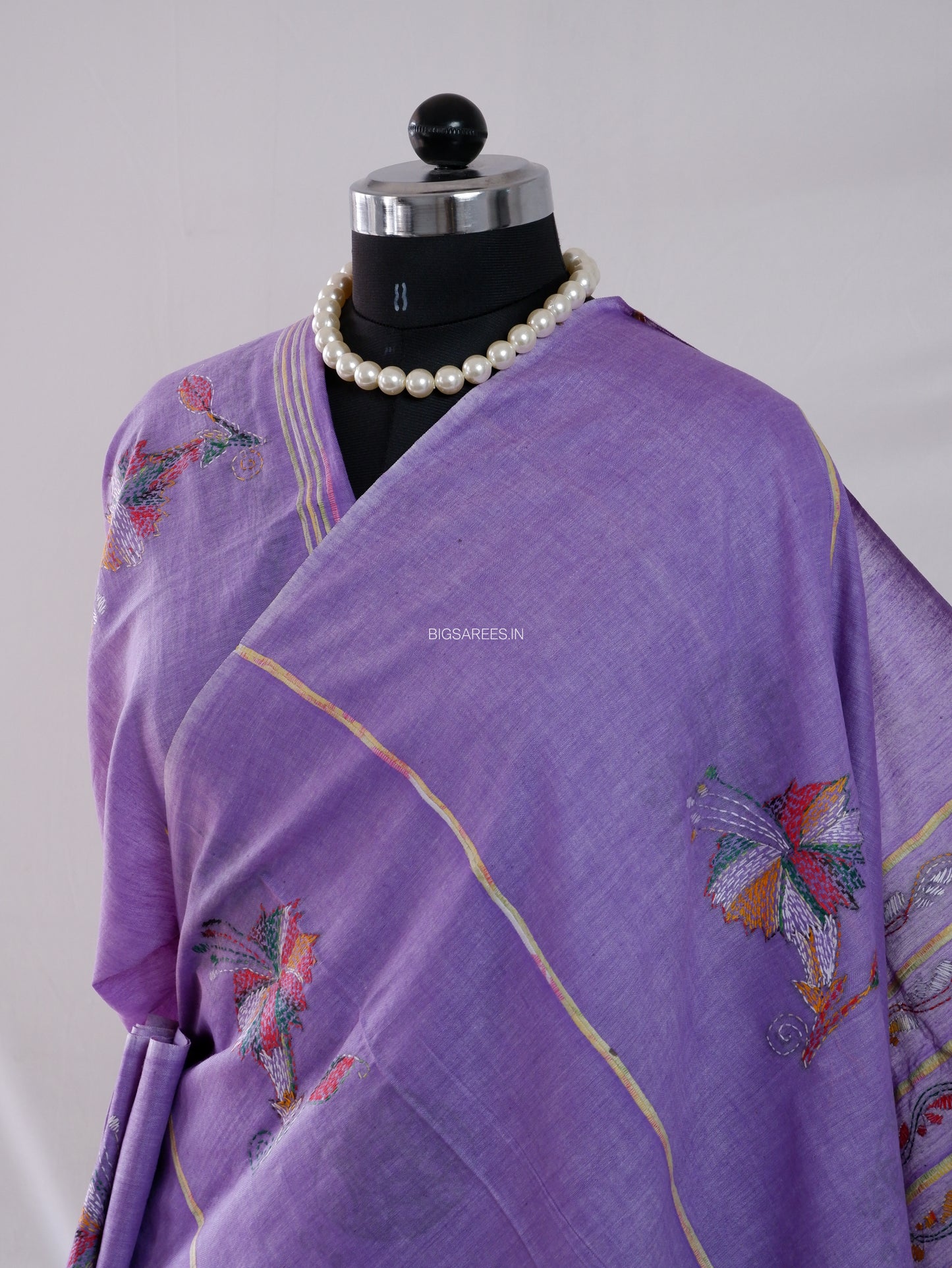 Kantha Stitch Hand-Embroidered Saree | Pure Khesh Cotton | Violet