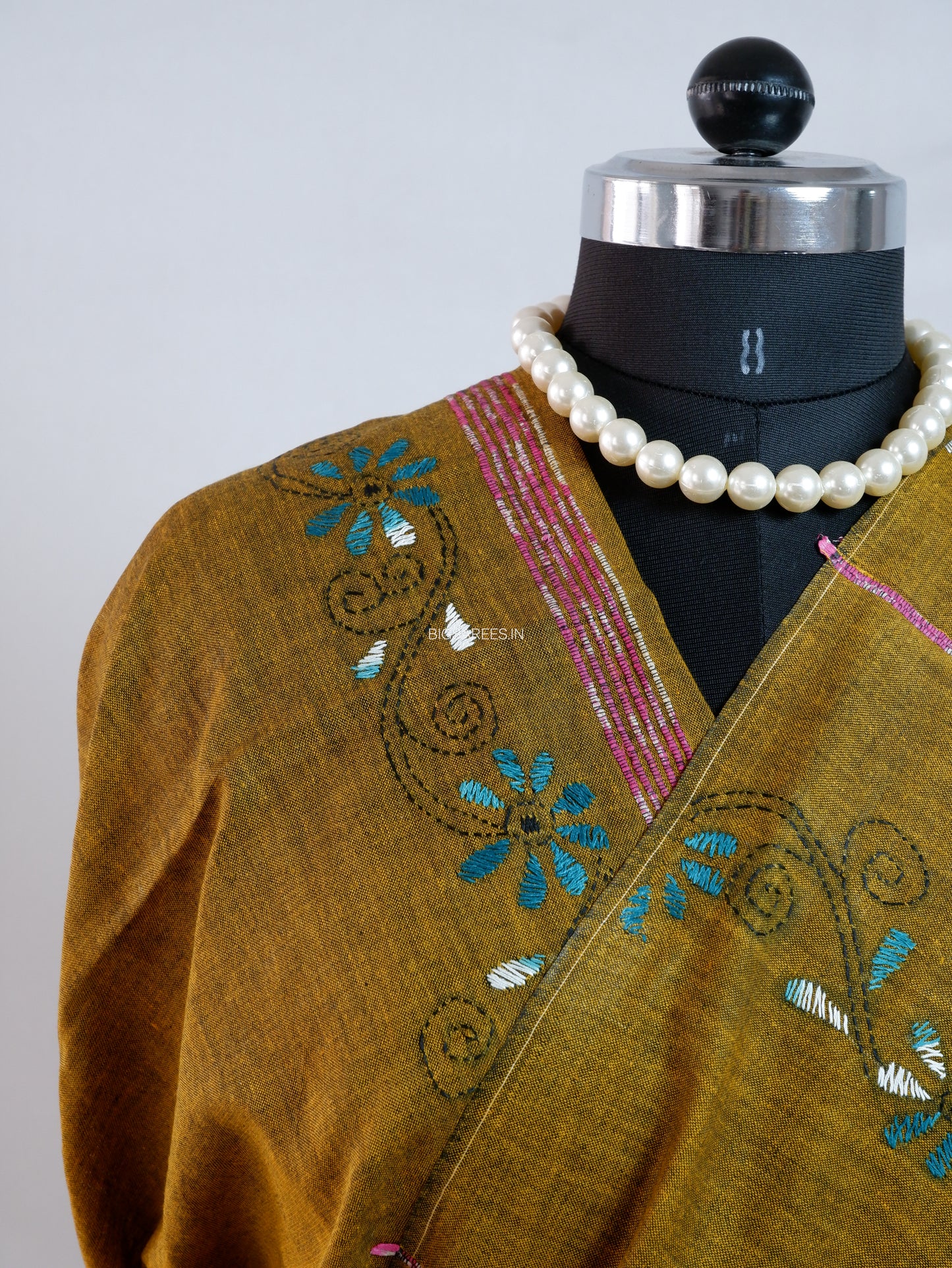 Kantha Stitch Hand-Embroidered Saree | Pure Khesh Cotton | Olive Brown