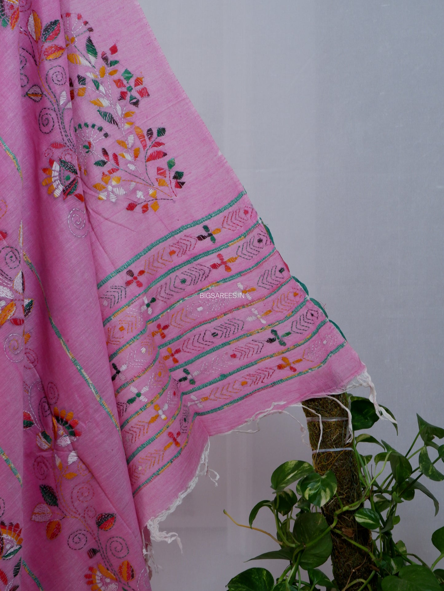 Kantha Stitch Hand-Embroidered Saree | Pure Khesh Cotton | Pink