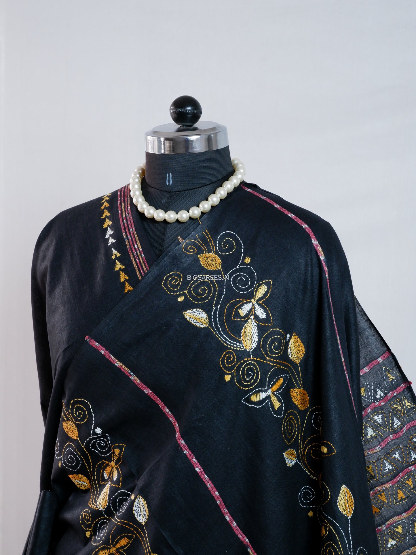 Kantha Stitch Hand-Embroidered Saree | Pure Khesh Cotton | Black