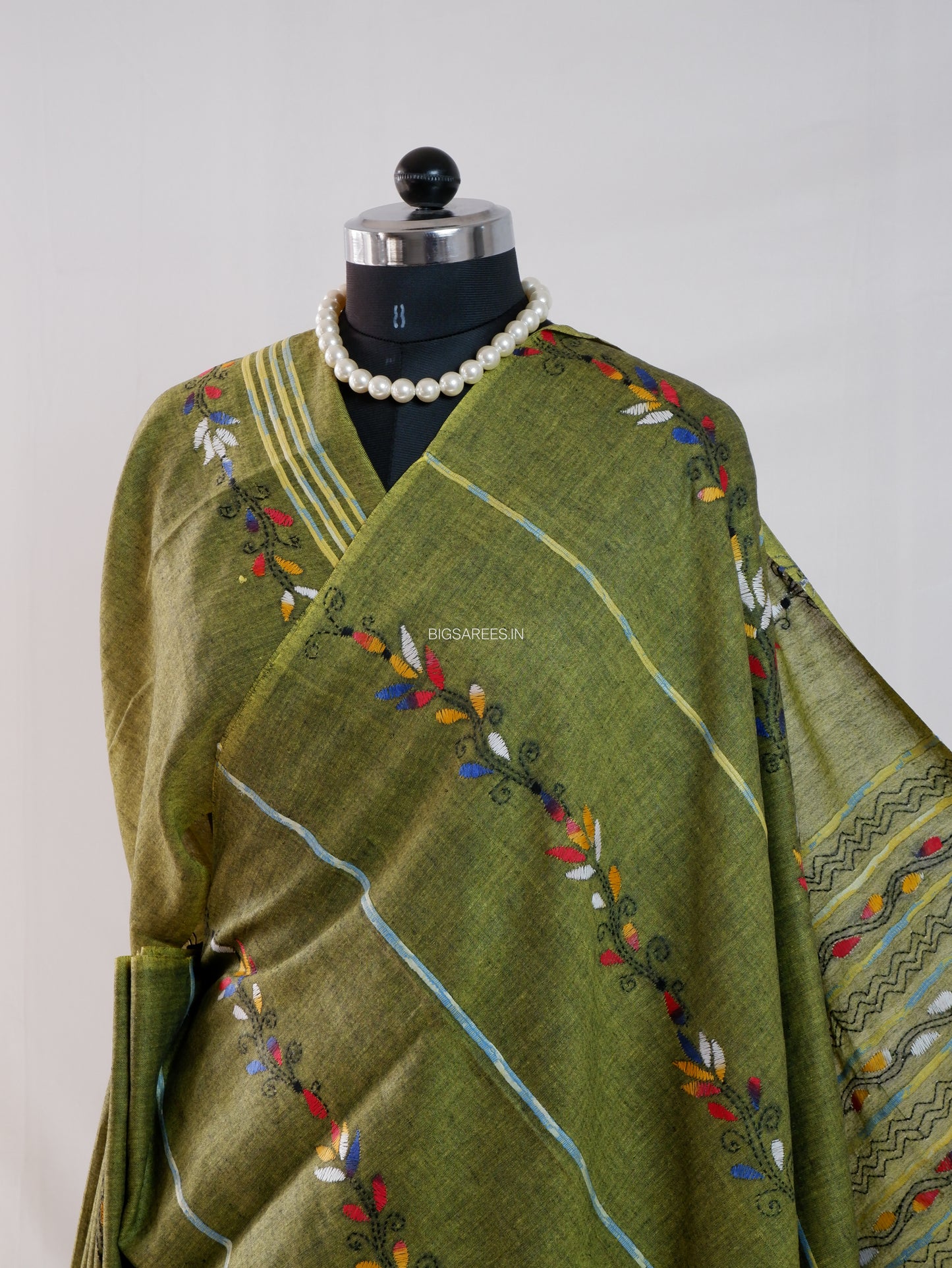 Kantha Stitch Hand-Embroidered Saree | Pure Khesh Cotton | Moss Green