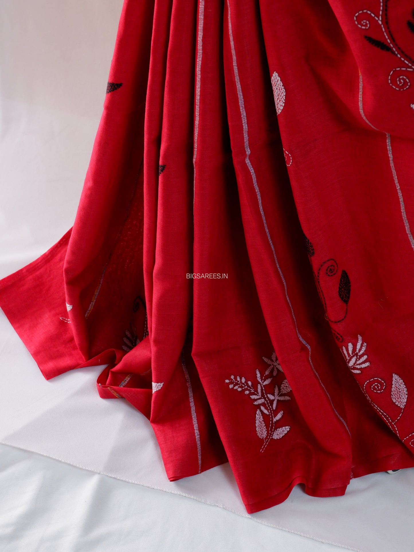 Kantha Stitch Hand-Embroidered Saree | Pure Khesh Cotton | Red