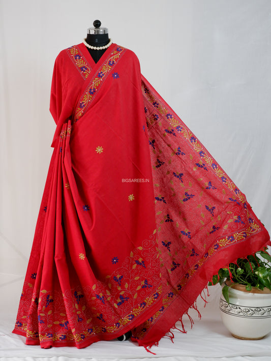 Kantha Stitch Hand-Embroidered Saree | Khadi Cotton | Ruby