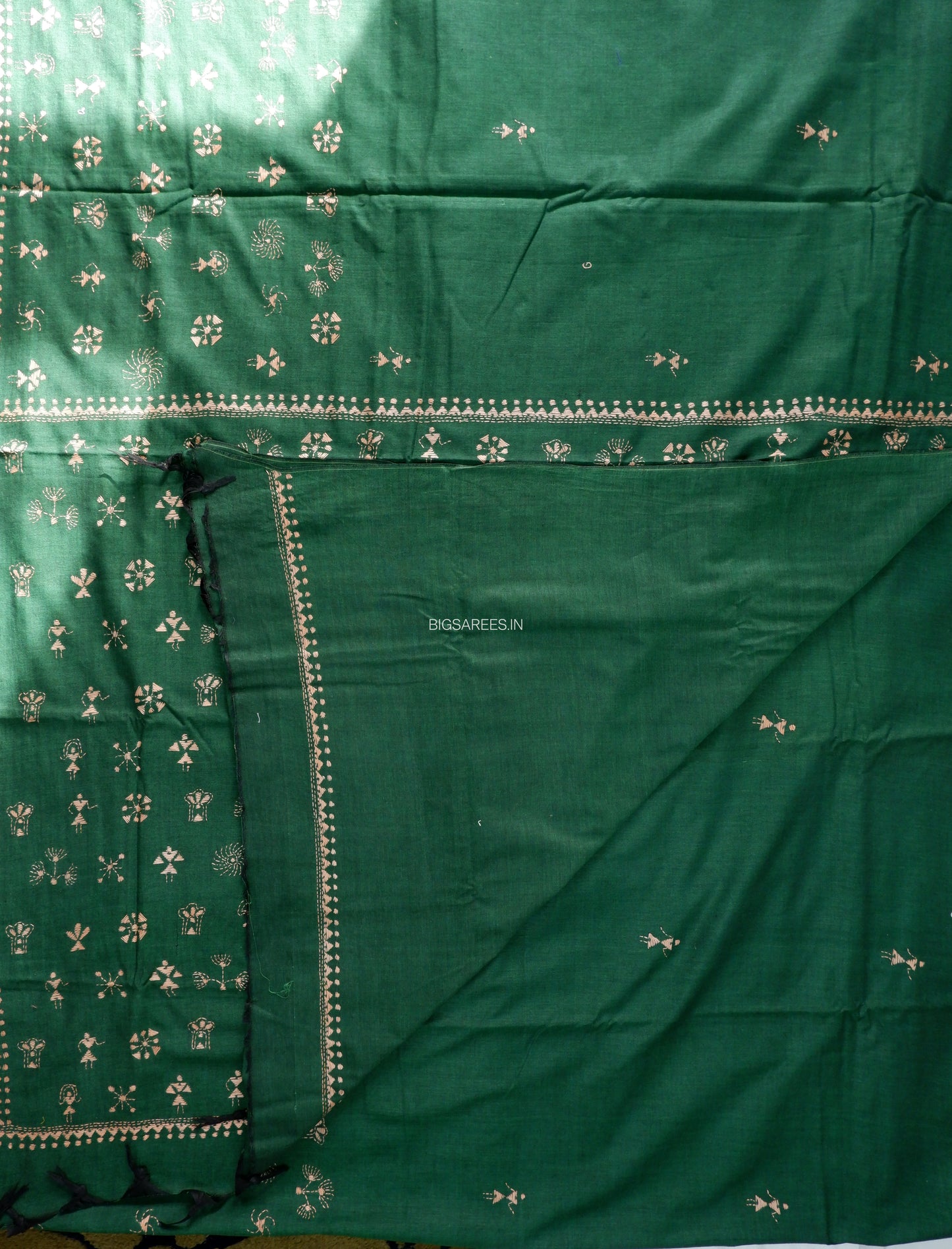 Kantha Stitch Hand-Embroidered Saree | Khadi Cotton | Dark Green