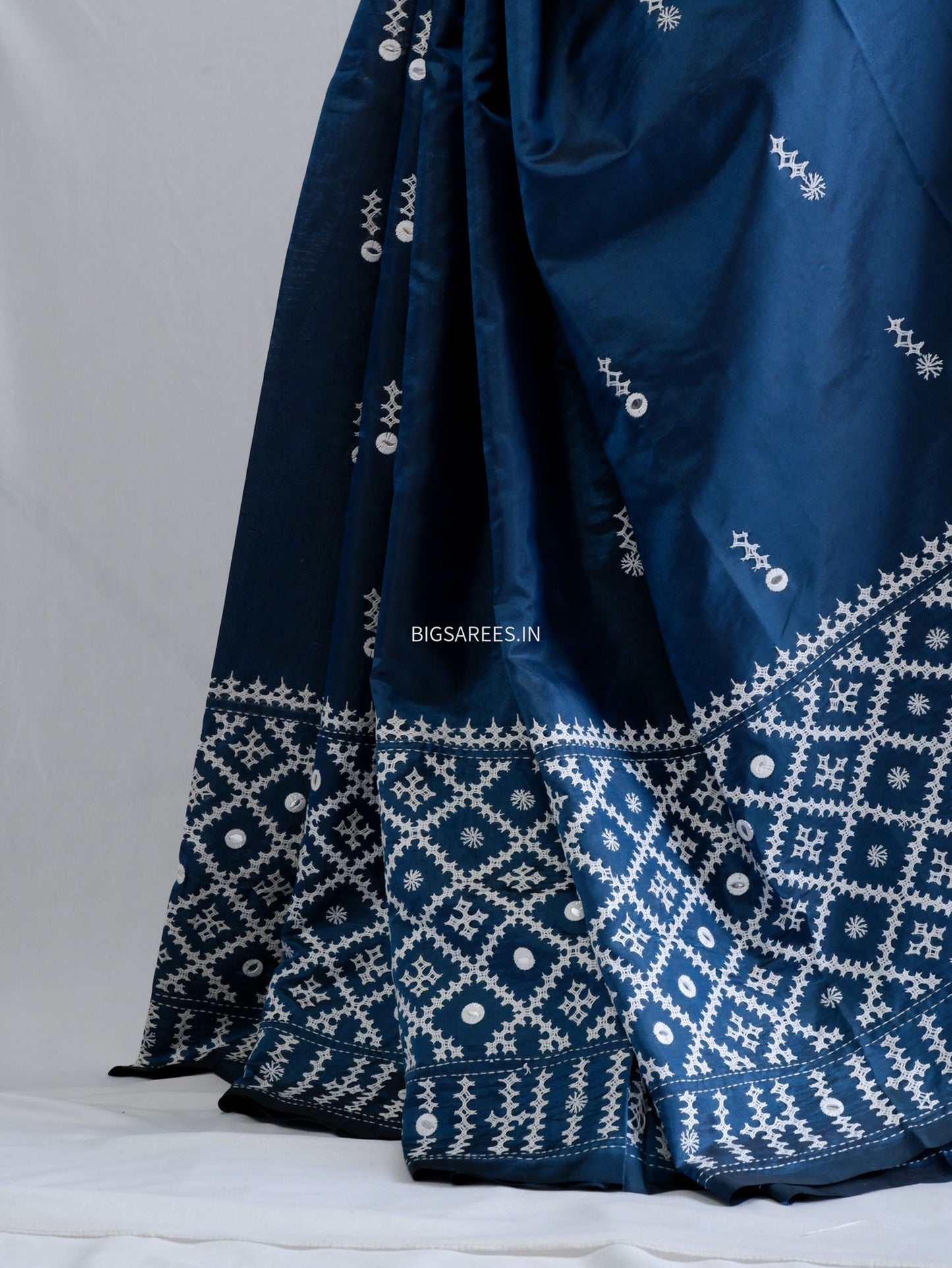 Kutchi/Gujarati Stitch Hand Embroidered Saree | Art Silk | Foil Mirror | Blue