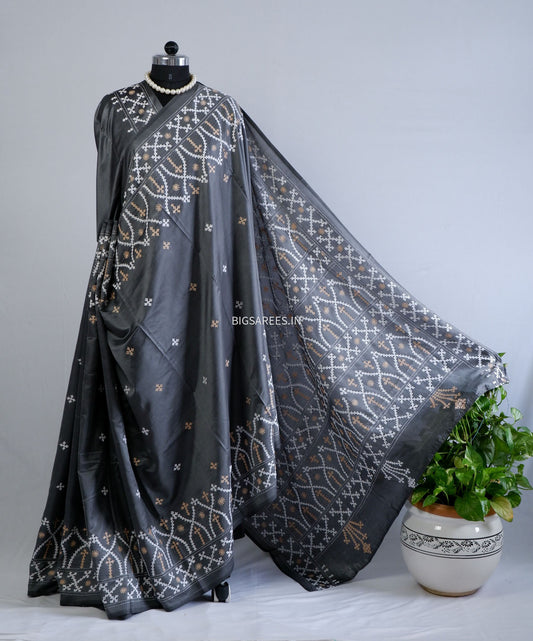 Kutchi/Gujarati Hand Embroidered Saree | Blended Bangalore Silk / Art Silk | Steel Grey