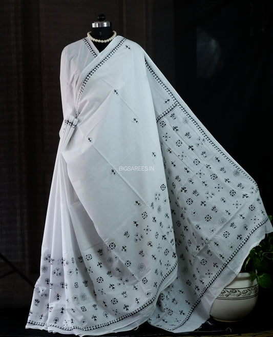 Kantha Stitch Hand Embroidered Saree | Mal Mal Cotton | White
