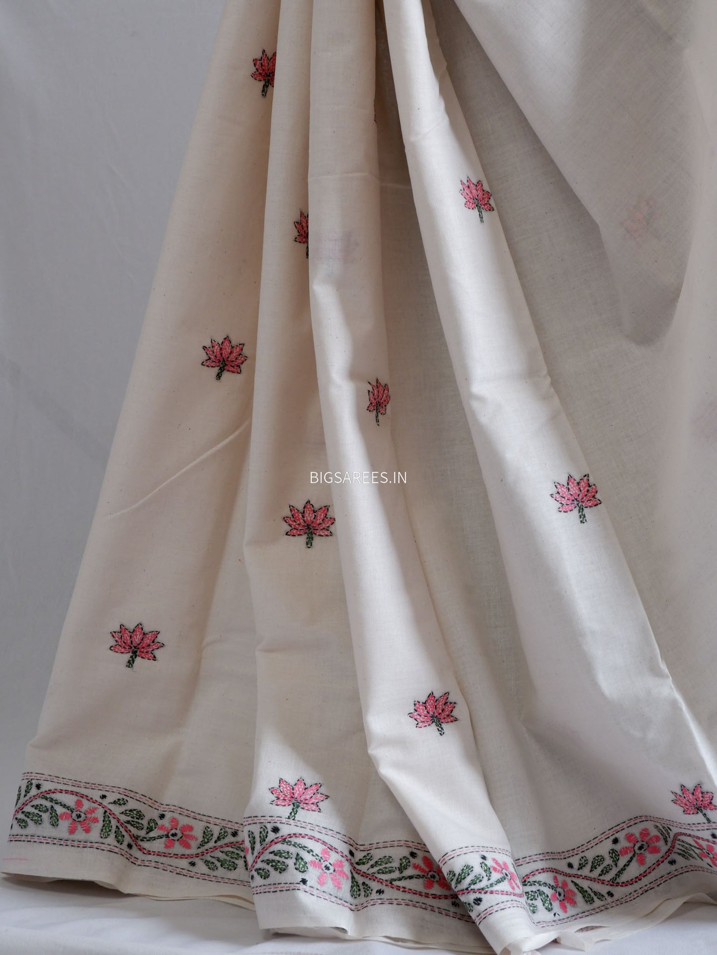 Kantha Hand-Embroidered Saree | Pure Khadi Cotton | White
