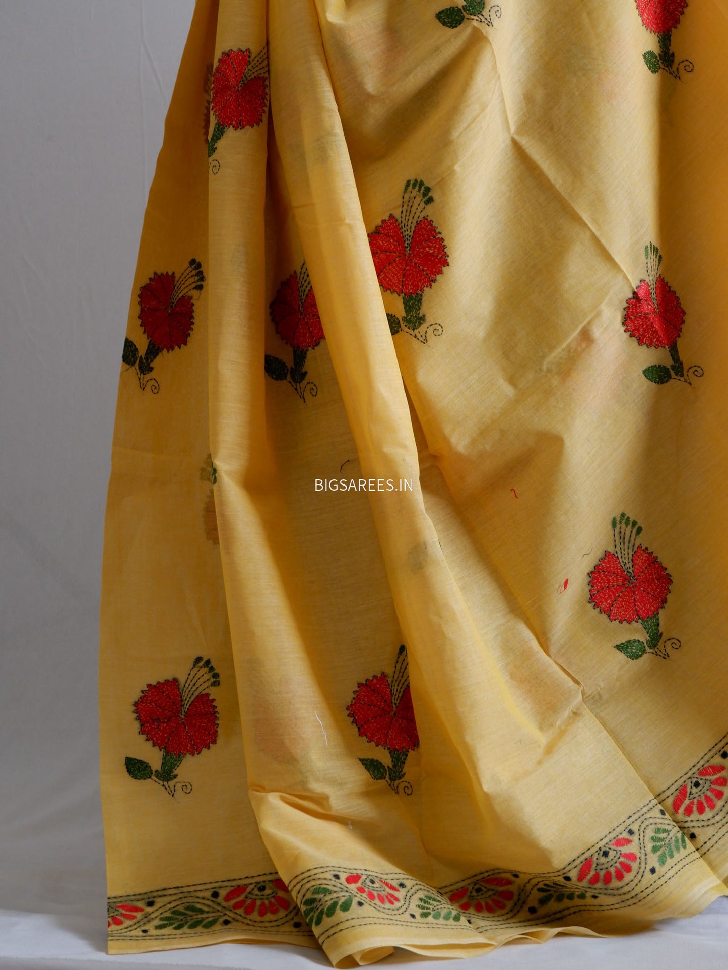 Kantha Hand-Embroidered Saree | Dhonekali Cotton | Yellow