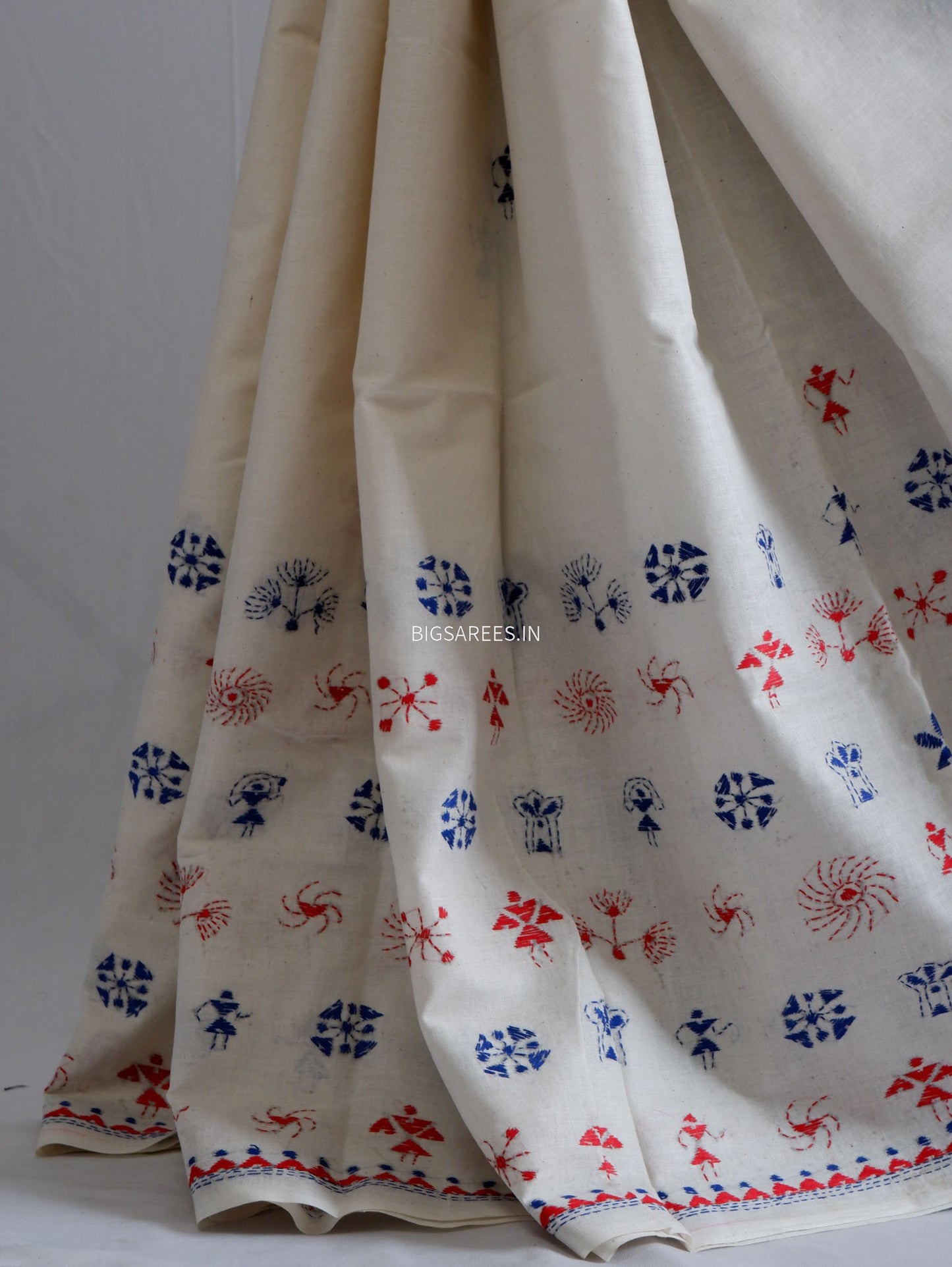 Kantha Hand-Embroidered Saree | Pure Khadi Cotton | White